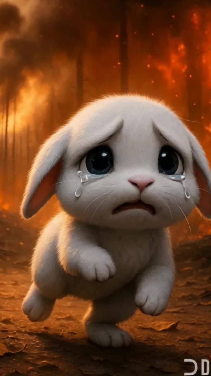 Rabbit running for fire and going in a bit to save his life from fire 