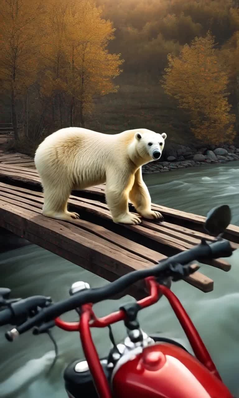 polar bear riding a red motorcycle over a wooden bridge with a river underneath