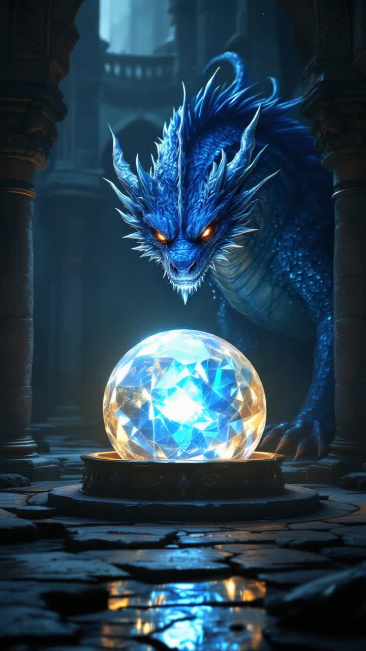 Majestic blue dragon stares into large crystal ball