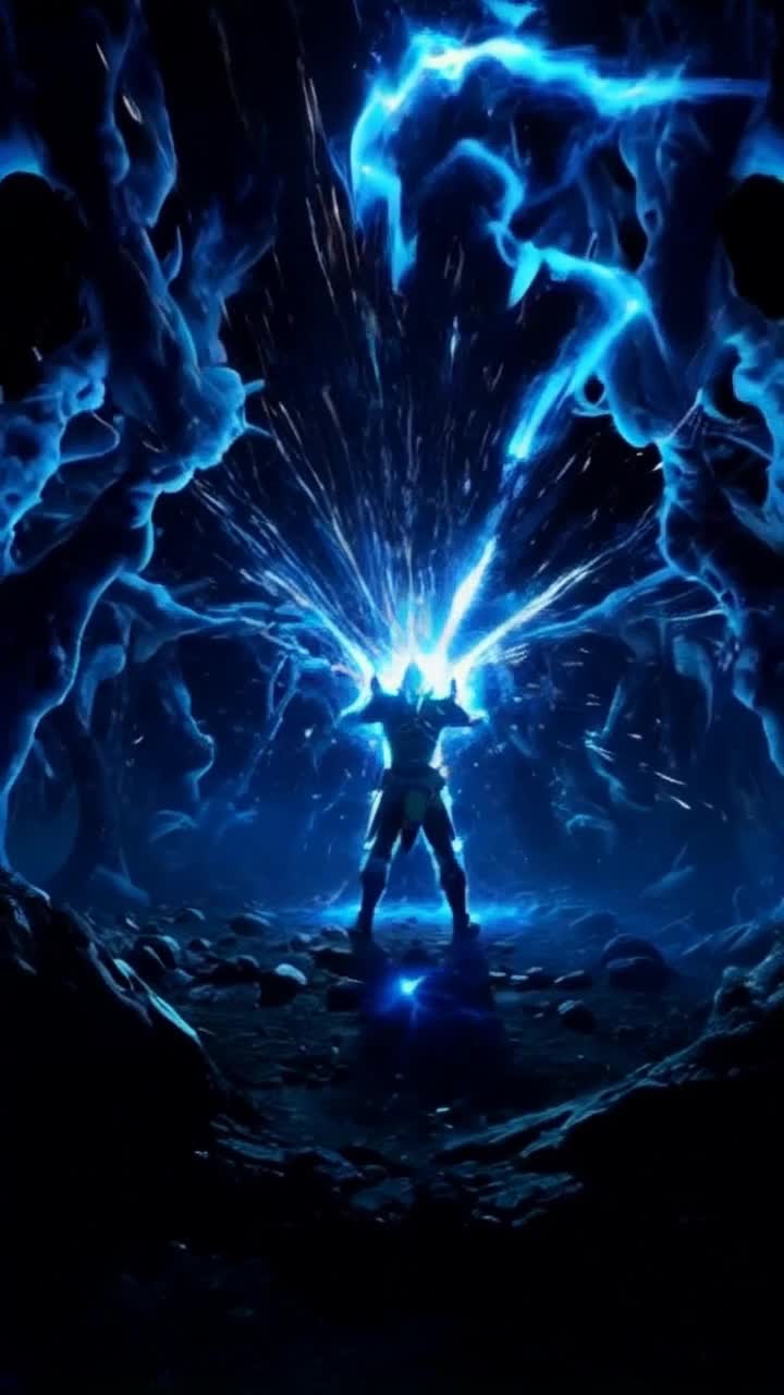 Chosen warrior with spiky hair radiating atomic blue energy stands amidst swirling demonic shadows unleashing a fierce battle cry igniting air with electric intensity flickering bolts of energy crackle around warrior swirling shadows writhe and twist forming ghastly shapes encroaching from all sides dark landscape illuminated by bursts of blue light sharp contrast chilling atmosphere tension palpable in the air swirling energies dance creating a mesmerizing spectacle of light and dark suspense builds as battle begins