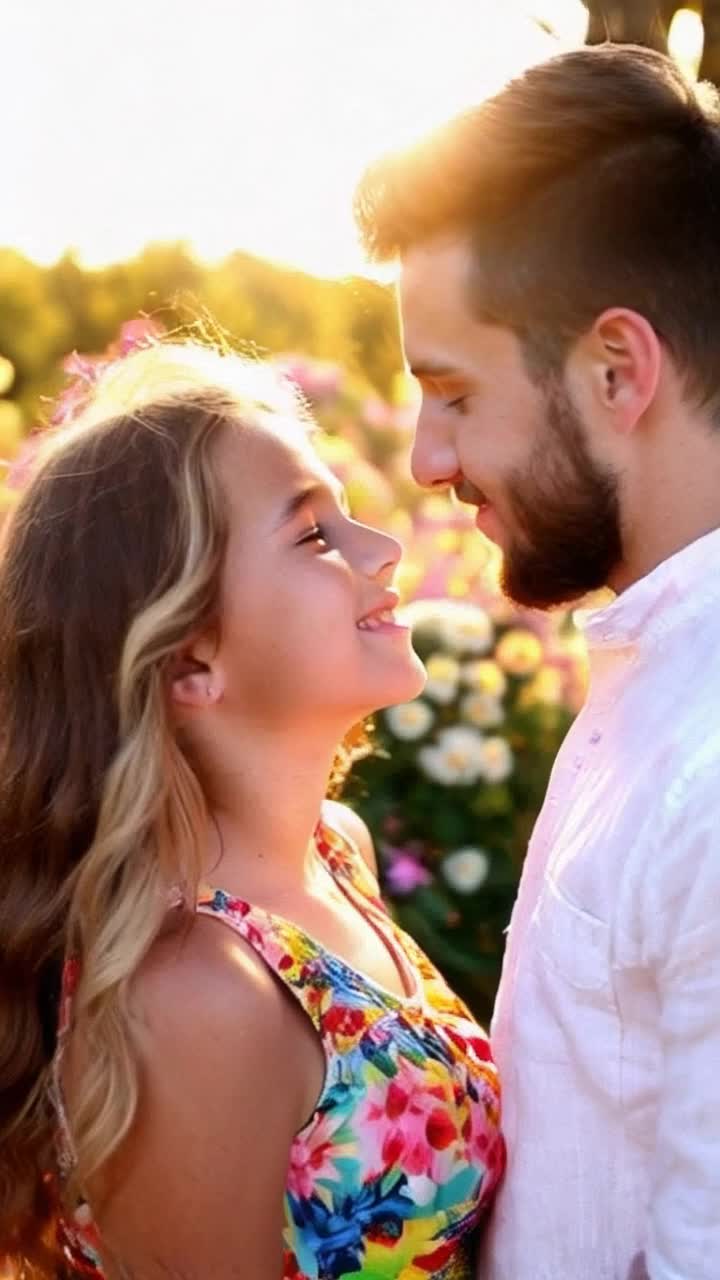 Radiant girl with flowing hair wearing a colorful sundress glows with happiness leaning in for a sweet kiss with her equally charming boyfriend gazing adoringly into her eyes surrounded by blooming flowers and golden sunlight creating a dreamy atmosphere filled with warmth and love