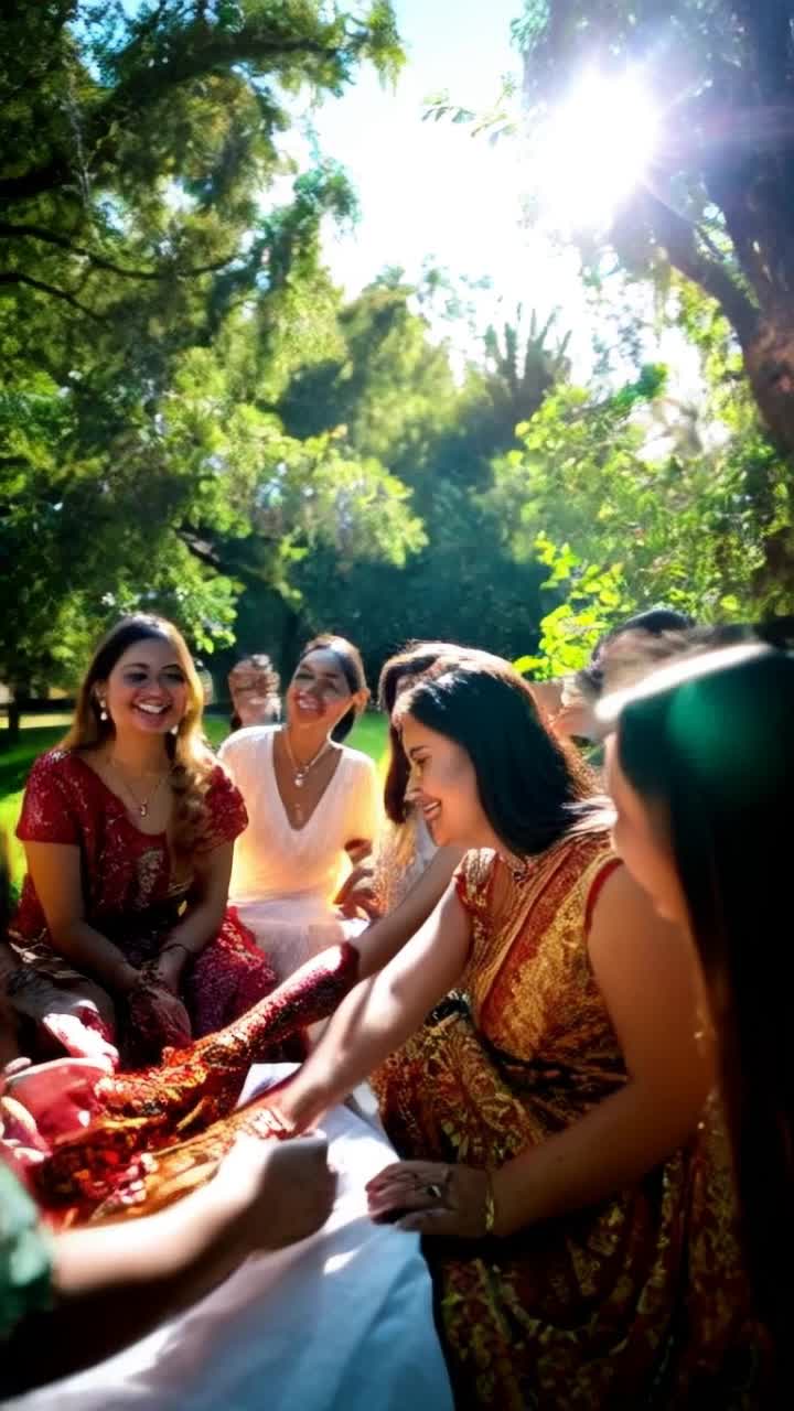Intricate mehendi patterns adorned with vibrant colors swirling and blooming across hands and feet creating a mesmerizing effect spiraling outwards with delicate floral motifs radiant sunlight filtering through lush green trees illuminating the intricate designs shimmering in the warm breeze inviting laughter and joy from friends gathered around celebrating traditions in a cozy garden setting