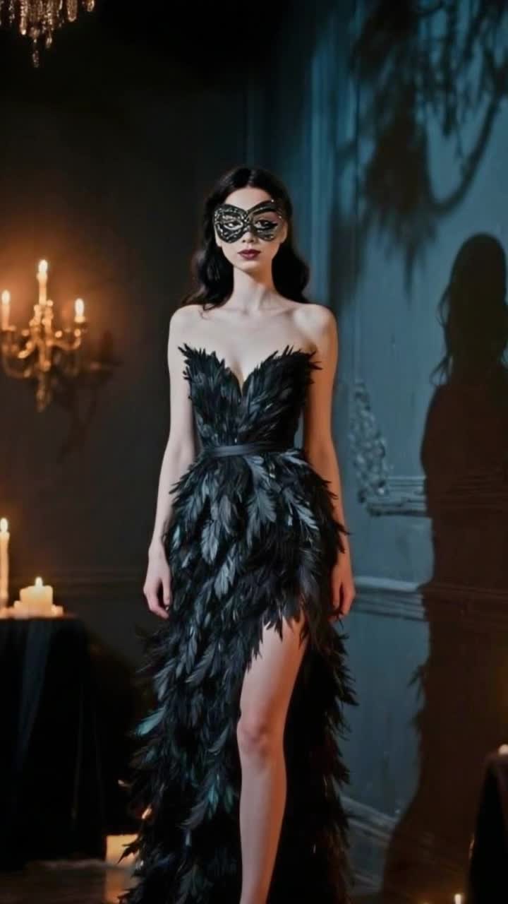 Elegant woman adorned with intricate mask flowing black feathered dress gliding gracefully down ornate candlelit hallway flickering flames casting soft shadows illuminating exquisite details of opulent decor exquisite wallpaper rich textures and subtle elegance enhancing mysterious ambiance echoing with whispers of untold stories