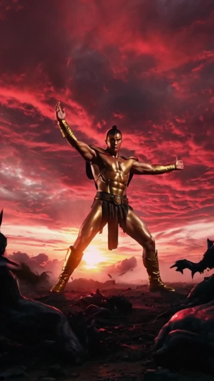Graceful hero radiating power elegantly navigating tumultuous battlefield effortlessly striking down shadowy demons with fluid martial arts techniques striking triumphant pose muscles glistening like polished gold under a vibrant sunset sky swirling crimson clouds dramatic lighting illuminating heroic figure in epic confrontational atmosphere