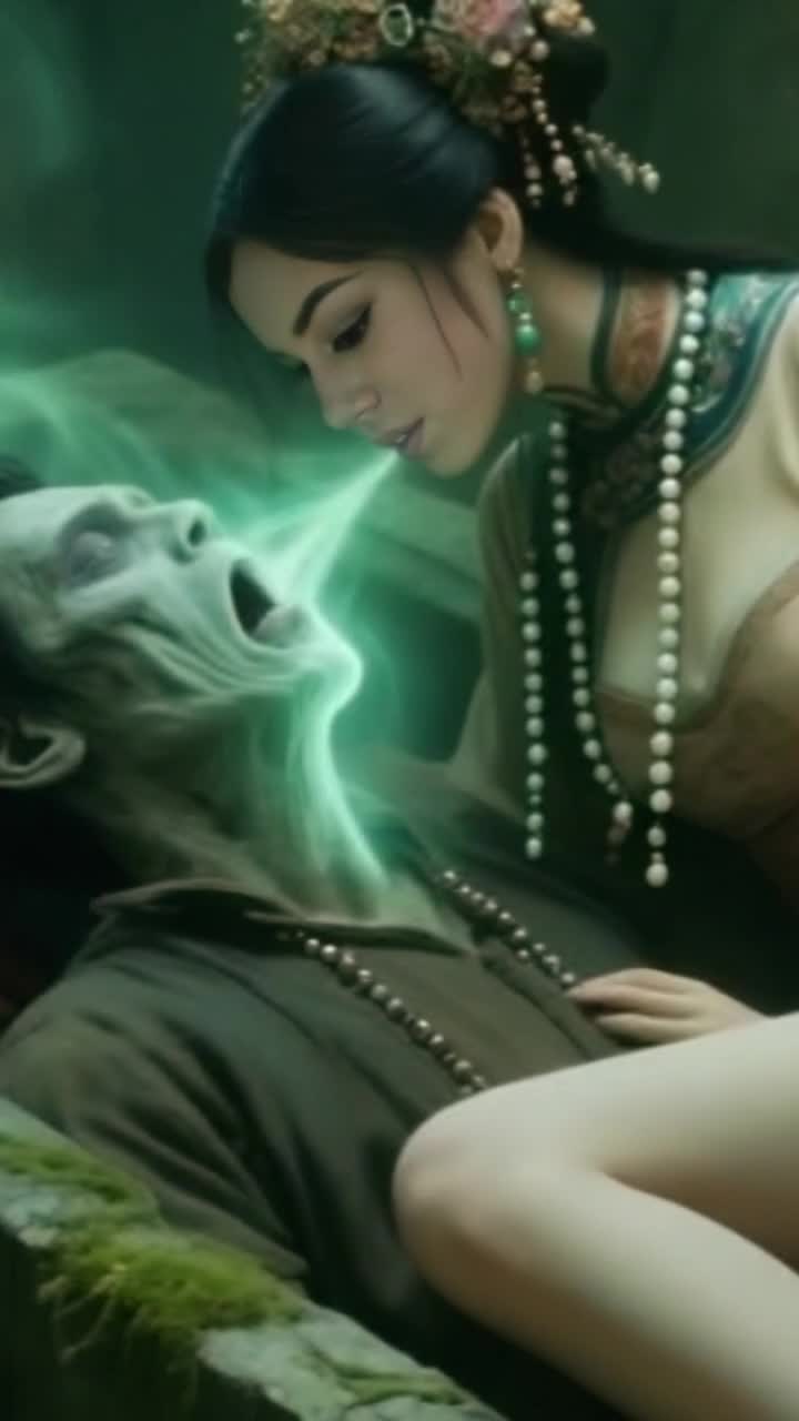 Graceful woman with flowing hair adorned in a shimmering gown infusing new life into stitchedtogether creature glowing with electric energy sparks illuminating their faces Lush laboratory filled with bubbling potions ancient books scattered across wooden tables ethereal green light casting eerie shadows on stone walls