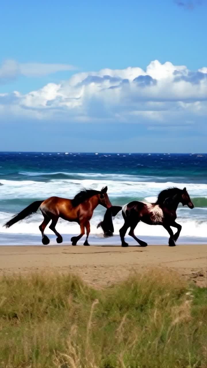 Majestic wild horses galloping with flowing manes vibrant colors of chestnut and black sunlight dancing on their coats vibrant ripples of ocean waves crashing against golden sands blue skies adorned with fluffy white clouds warm summer breeze rustling through the grass beachside shadows lengthening as they race across shimmering shoreline wild hoofbeats creating a rhythmic symphony blending with laughter of seagulls soaring above creating a captivating scene of freedom and beauty