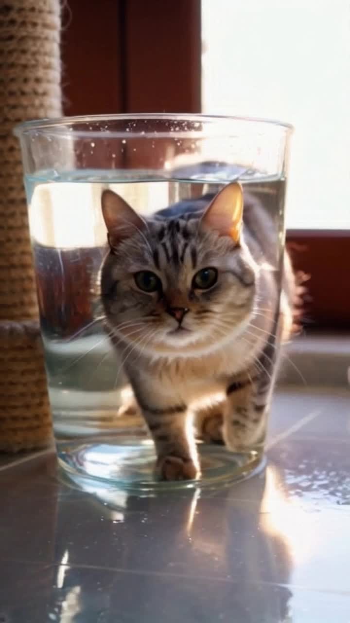 Sleek tabby cat with shimmering fur gracefully steps into a large crystalclear glass overflowing with rippling water Paws playfully disturb the serene surface creating delicate waves and splashes Sunlight streams through a nearby window casting sparkling reflections and illuminating vibrant colors around the scene