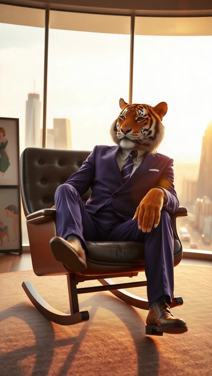 Tiger man hybrid in purple suit is rocking in rocking chair, he leaps out of the chair and makes a dash for the sunny windows, tiger man leaps outside from interior of window and the suit stays snagged ripped on glass shards, but the tiger is outside and a full happy tiger again