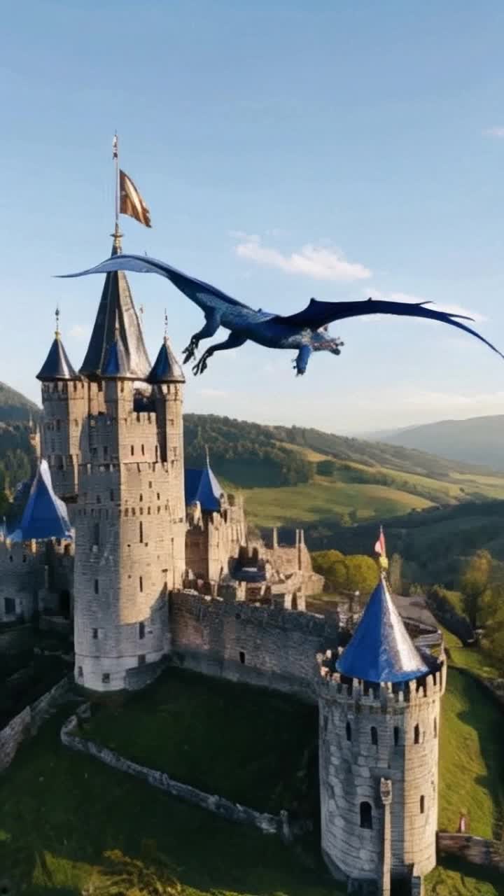Majestic blue dragon gliding effortlessly above ancient stone castle with towering spires and fluttering banners Spiraling gracefully through clouds casting shadows on weathered battlements and vibrant gardens Bathed in golden sunlight illuminating intricate details of castle architecture against a backdrop of rolling green hills and distant misty mountains Hyperrealistic textures enhancing every scale on dragon and weathered stones creating a breathtaking scene of fantasy and history