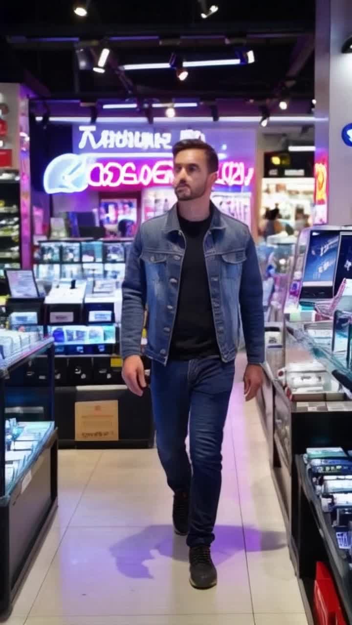 Confident man in casual attire enters vibrant tech shop adorned with colorful phone displays Light from neon signs bathes him as he looks around with admiration Shiny devices in sleek cases reflecting excitement of new technology