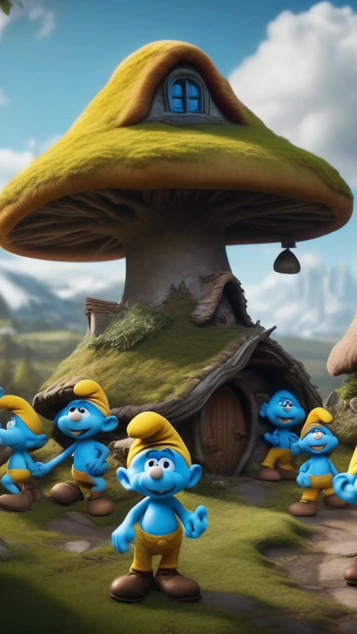 The smurf village with mushroom houses and blue smurfs everywhere 
