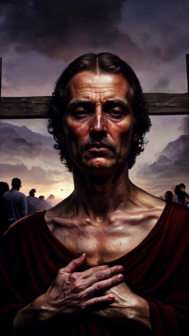 Portrait of Jesus Christ captured in hyperrealistic detail showcasing anguish and unwavering faith on his face Expression radiates profound emotional depth intertwined with grace Nails piercing through his hands evoke a poignant sense of suffering Background features a somber sky painted in shades of gray and purple, casting dramatic shadows across the scene Distant silhouettes of onlookers highlight the gravity of the moment Subtle brush strokes suggest movement of the wind, enhancing the atmosphere of despair and hope surrounding this pivotal moment in history