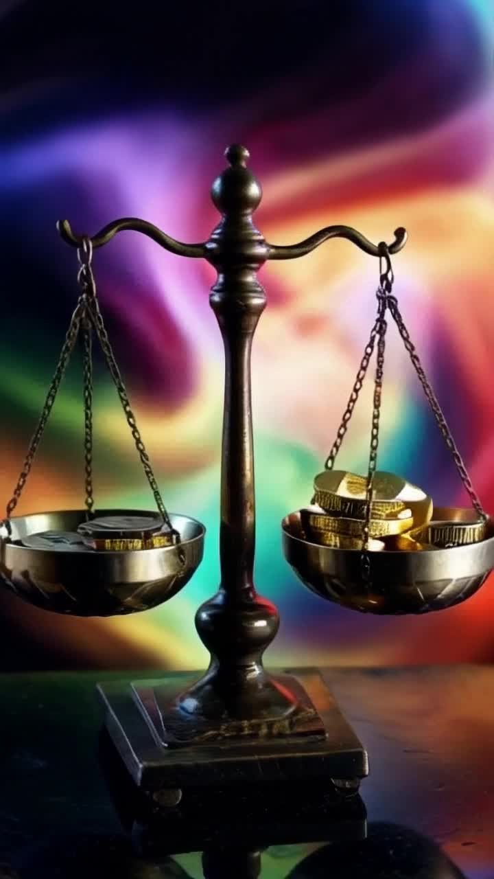 Delicate antique scales balanced elegantly glimmering bowls reflecting soft warm light Digital currency coin shines with sleek surface while glowing gold bullion rests opposite showcasing intricate patterns Background swirls with ethereal colors blending into a dreamy psychedelic atmosphere enhancing surreal harmony between modern technology and ancient wealth