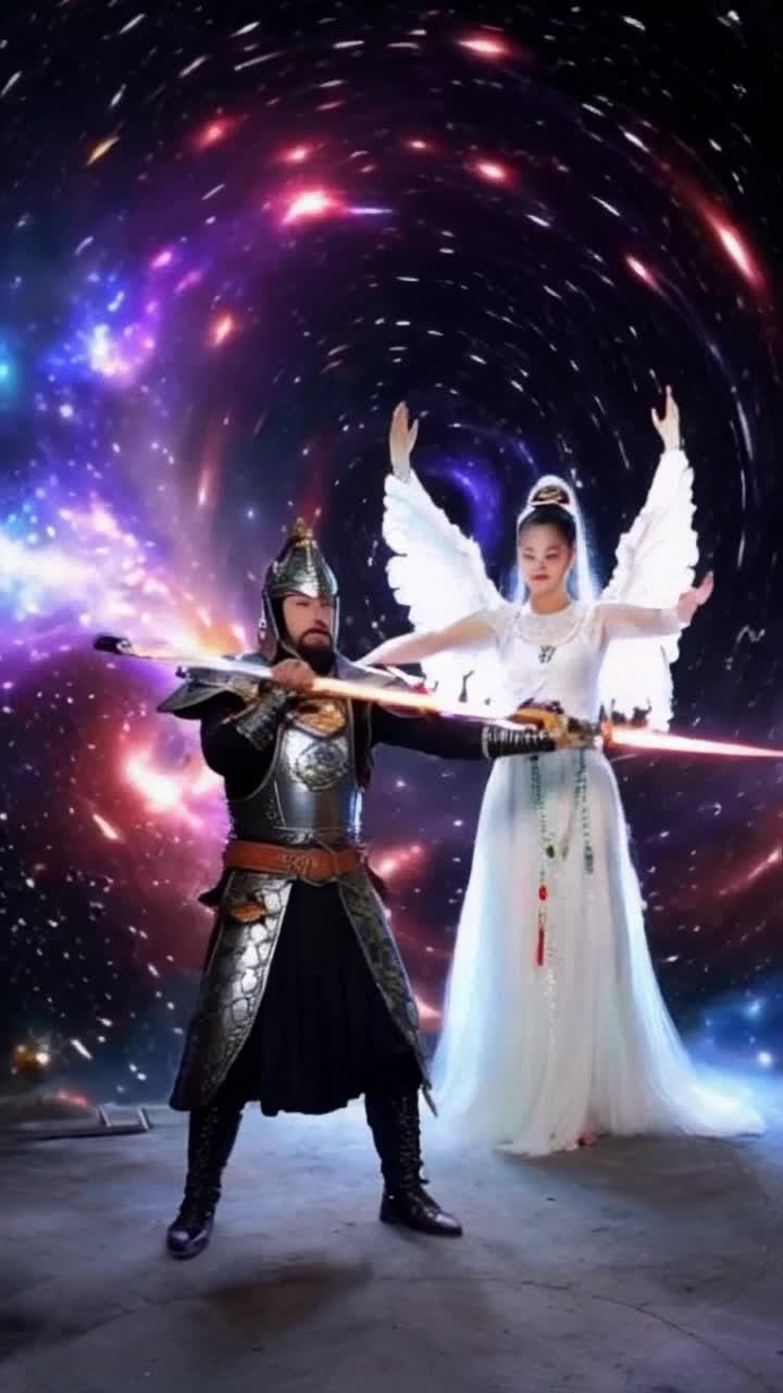 Warrior in ornate armor alongside ethereal angel radiating light vibrant energy Kundalini sword shimmering brightly in hand mastering ancient kung fu techniques channeling power flowing through their forms Spiraling galaxies twinkling in background cosmic colors swirling around illuminating their movements otherworldly landscapes pulsating with energy as they dance in synchrony harnessing strength from the universe