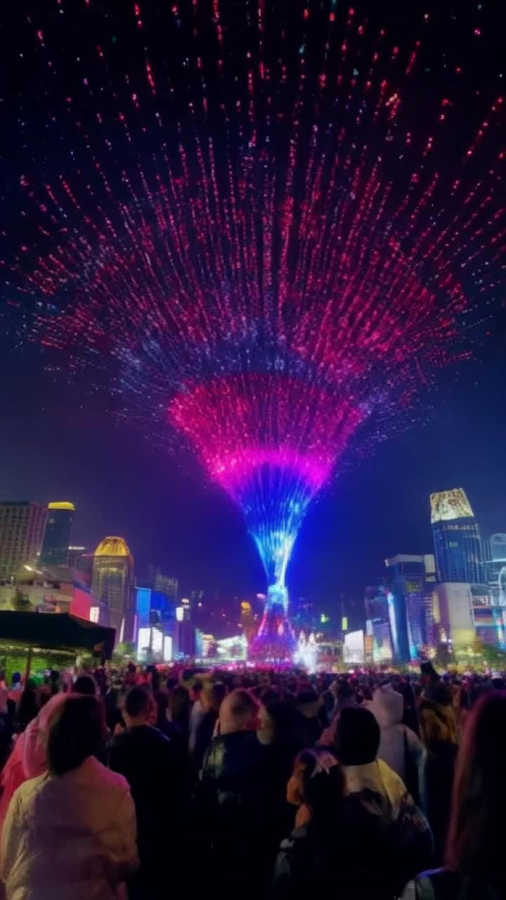 Vibrant visuals swirl above a diverse crowd captivated by breathtaking colors Their eyes wide with wonder as they gaze up in anticipation Surreal sights pulsate rhythmically in sync with electrifying beats reverberating through bustling city streets Neon lights flicker casting reflections on gleaming skyscrapers Urban jungle alive with energy as music unites strangers creating an electrifying atmosphere