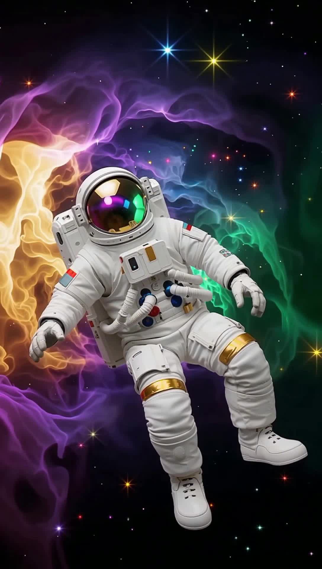 Lone astronaut gliding weightlessly through swirling cosmic colors Radiant galaxies pulsating with hues of violet emerald and gold Surrounding stars twinkling like distant dreams Soft lofi beats echo through the vastness creating a serene atmosphere Floating gently past celestial bodies drifting through a tranquil universe infused with artistic wonder