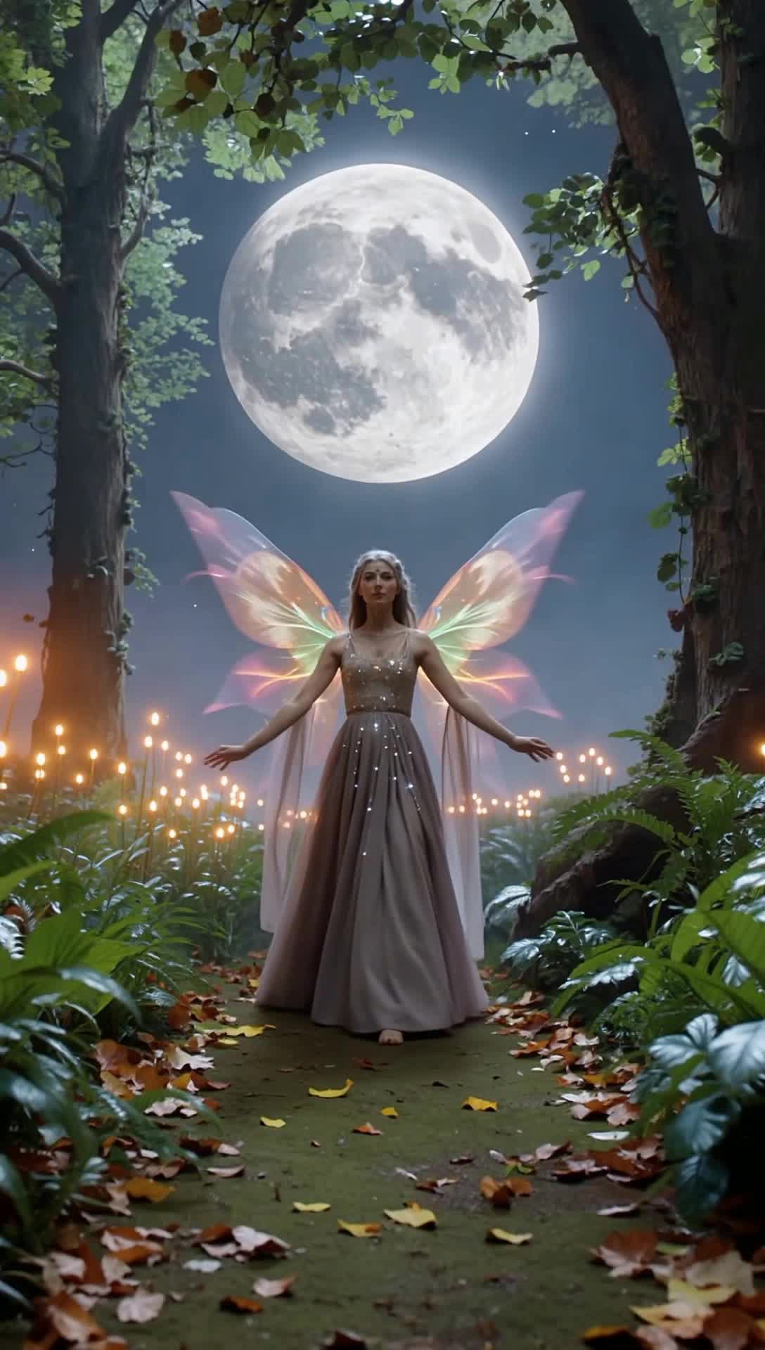 Elegant woman in flowing gown surrounded by ethereal wisps of color spinning gracefully through air as she delicately weaves dreams with outstretched hands in a mystical forest filled with shimmering lights and soft whispers of nature where the moon casts a silvery glow illuminating her serene expression and enchanting atmosphere