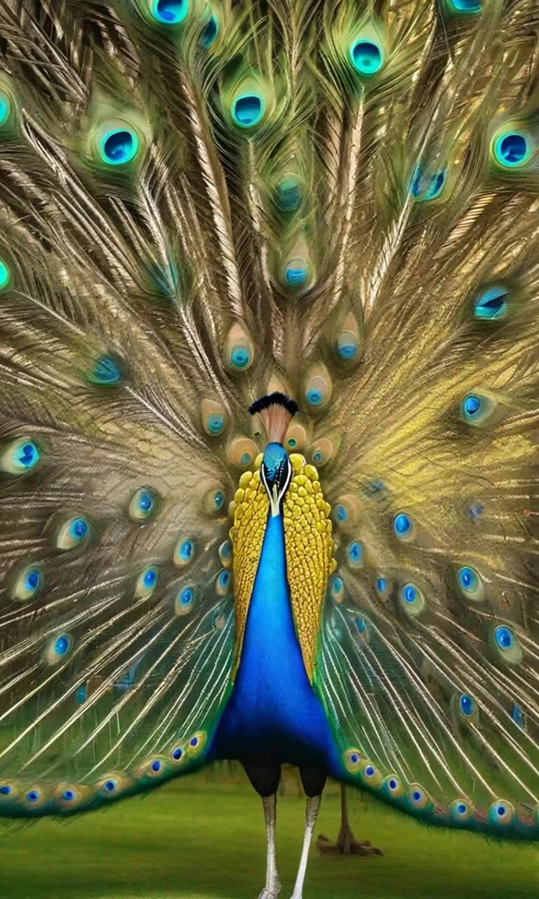 Majestic peacock strutting proudly revealing magnificent radiant plumage showcasing vibrant hues of blue green gold Tail feathers shimmer elegantly under brilliant sunlight each eyelike pattern dances capturing mesmerized onlookers Lush garden alive with blooming flowers swaying gently in soft breeze leaves rustling creating a tranquil enchanting atmosphere Golden rays filtering through blossoming tree branches casting playful shadows over vibrant petals adding depth to this captivating scene