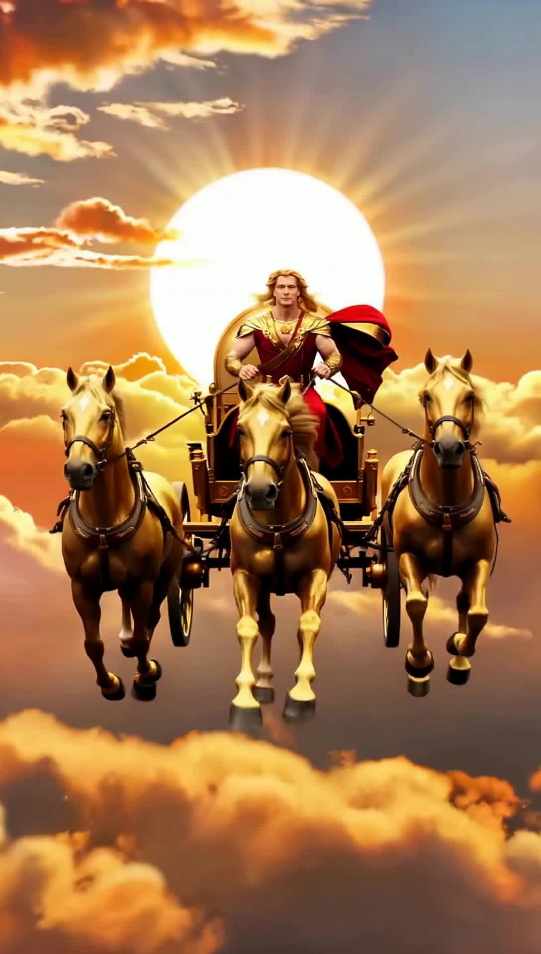 helios the sun god riding in his chariot drawn by 4 golden horses in the sky with the giant sun in the background