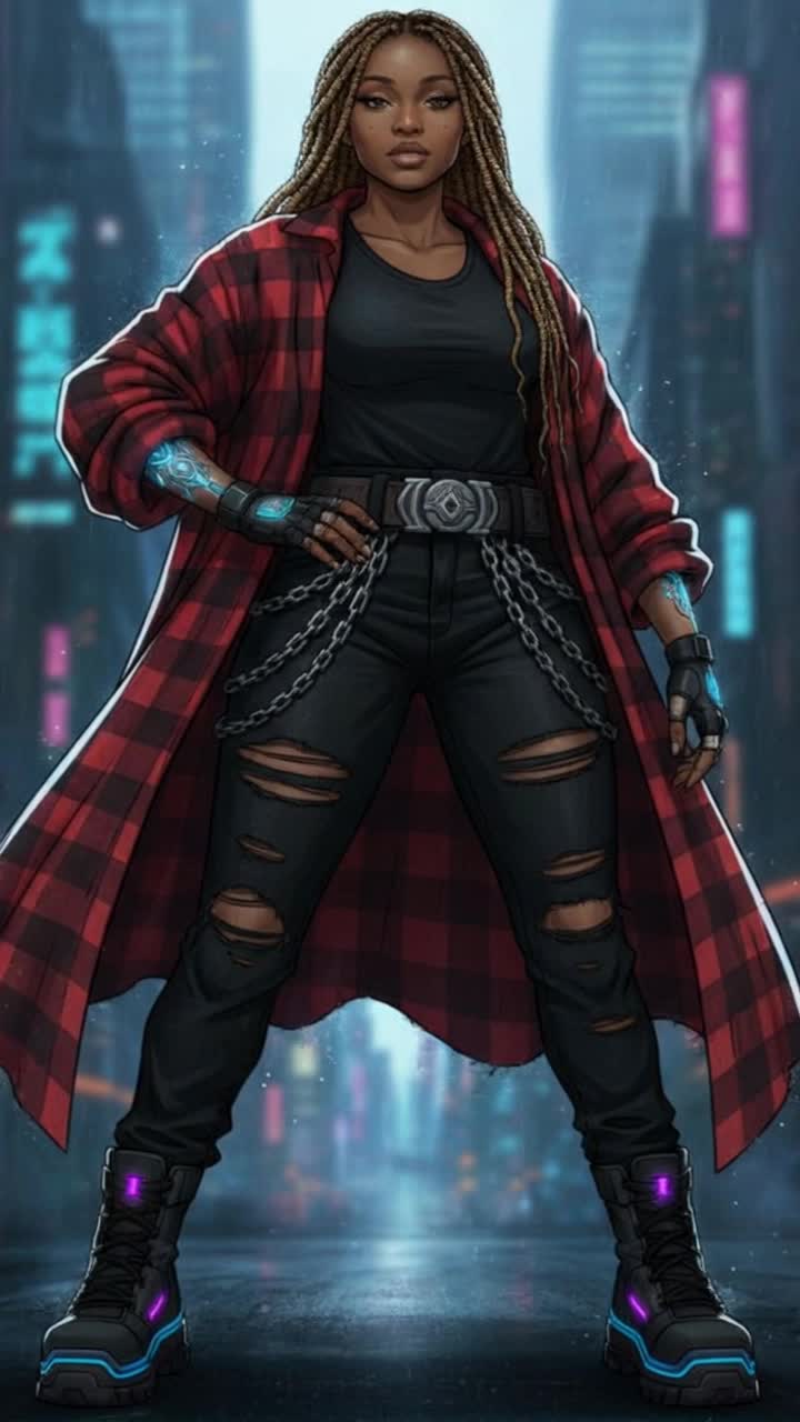 Afrofuturist Black woman with long blonde braids, wearing futuristic armor and layered coats, sleek metallic textures, neon teal highlights, urban cyberpunk setting, confident heroic stance, detailed comic book illustration style, cinematic lighting