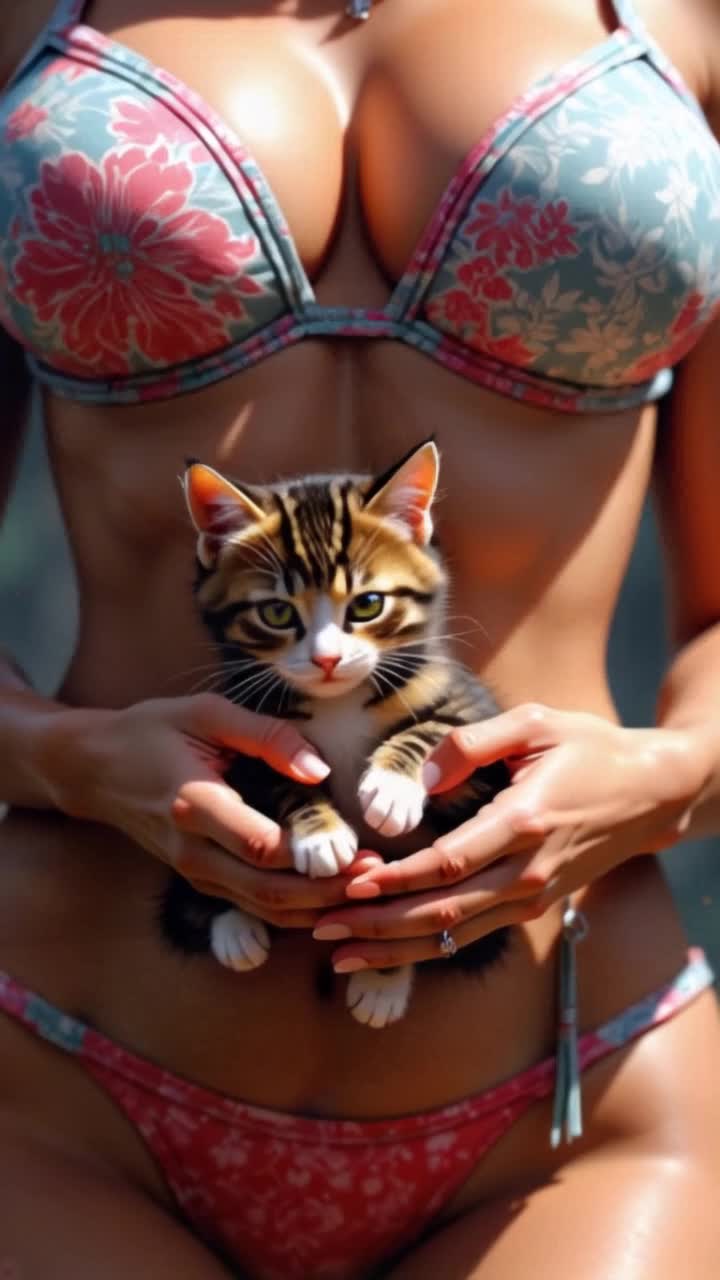 Adorable fluffy kitten with big sparkling eyes bouncing joyfully alongside cheerful smiling woman leaping playfully in sync vibrant colors swirling around them bright sunny park filled with blooming flowers green grass underfoot magical atmosphere filled with laughter and excitement soft rays of sunlight illuminating their playful antics whimsical clouds drifting above creating a delightful playful scene