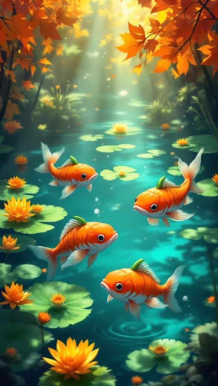 Miniature piranhas with vivid orange pumpkin patterns and green stems on heads swim playfully in a crystal clear pond Their sharp teeth glisten as they dart back and forth, creating ripples in the water Lush green lily pads float nearby, adorned with bright yellow flowers, while sunlight filters through the canopy of vibrant autumn leaves above Wisps of mist rise from the surface, casting a magical aura over this whimsical underwater world