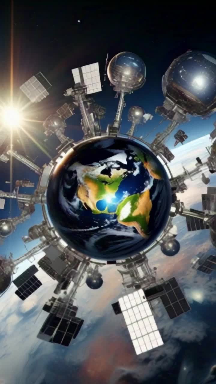 Shimmering metallic satellites dancing gracefully around vibrant blue Earth Iridescent solar panels glinting in sunlight as they gracefully orbit Engulfing cosmos sprinkled with twinkling stars and distant galaxies