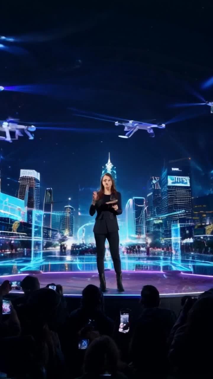 Fierce woman stands boldly at neon-lit stage surrounded by flickering holographic displays Radiates determination as she forcefully swaps serene AI utopia visuals with chaotic raw footage of passionate protesters clashing against hovering drones Urgent sounds of chaos fill vibrant cityscape illuminated by kaleidoscopic lights of New Tokyo where towering skyscrapers loom overhead with digital billboards flickering messages of resistance against surveillance oppression