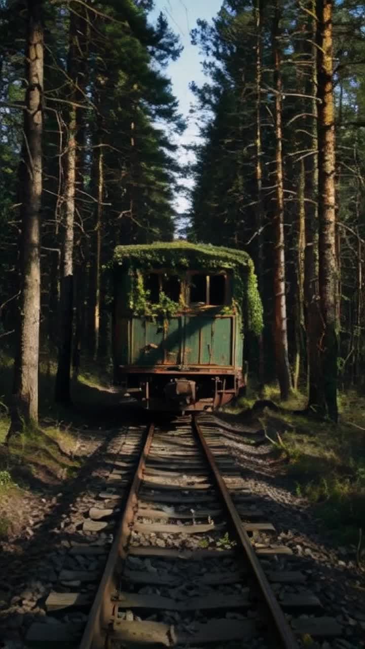 Faded rusty red box car from the 1800s partially hidden beneath a lush blanket of vibrant green ivy tangled around its edges overgrown train tracks weaving through underbrush Rust flakes glint softly under faint sunlight filtering through tall ancient trees Whispers of wind rustle leaves as curious bears and graceful deer wander nearby, cautiously investigating this forgotten relic of history Dark deep mysterious forest stretches endlessly, shadows dancing among towering trunks, creating an enchanting atmosphere where natures embrace envelops every surface Fleeting glimpses of wildlife add life to this serene yet haunting scene