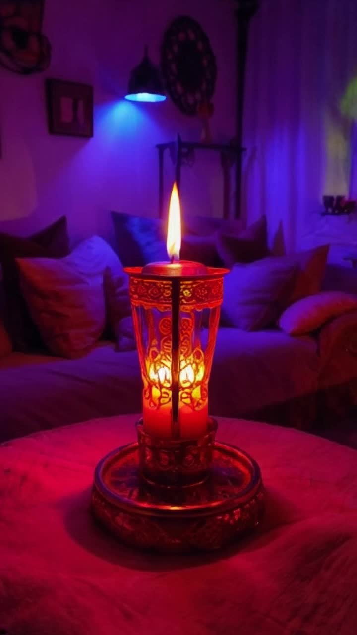 Glittering candle lamp adorned with intricate designs radiating warm flickers of light Vibrant neon colors dance and ripple across polished surfaces creating a mesmerizing kaleidoscope effect Soft shadows play against a cozy nook filled with plush cushions and eclectic decor inviting warmth and tranquility