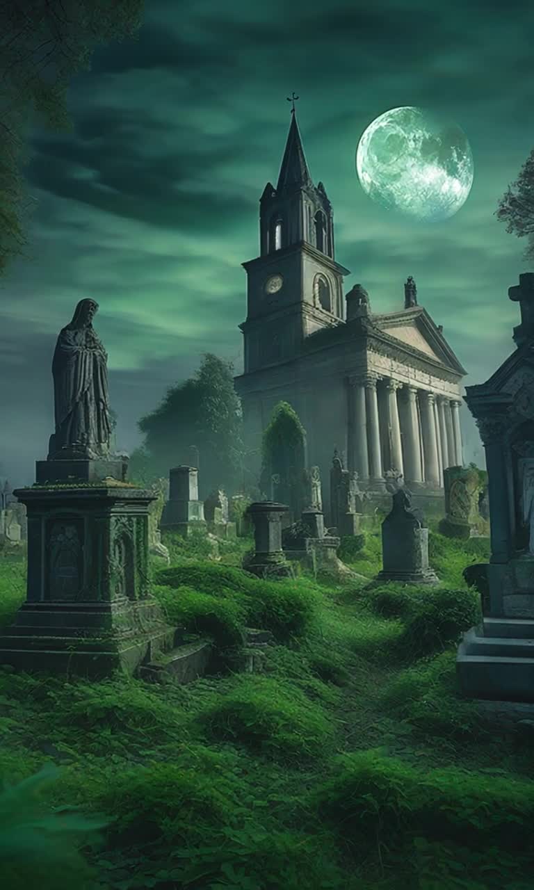 Ancient misty graveyard shrouded in thick green weeds crumbling marble statues taking animated steps under moonlit glow towering stone church with intricate carvings looming in the background mist swirling around intertwined roots beneath ancient trees sky bursting with dramatic clouds illuminated by radiant full moon shimmering with silver light 