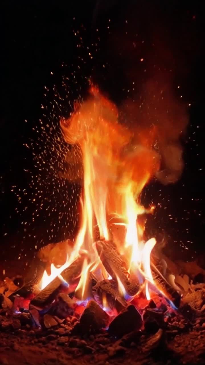 Flames swirling fiercely with vibrant colors dancing through the air glowing embers floating gracefully Softly cascading motion creating energy and excitement Brightly lit environment pulsating with heat creating vivid contrasts shimmering lens flare dust particles drifting like stars illuminating scene
