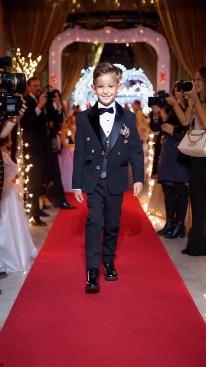Toddler boy resembling Justin Bieber at three years old styled in designer luxury fashion attire strutting confidently down a vibrant red carpet Flashing cameras capturing his every move as he grins charmingly twirling slightly soaking in the spotlight Lavish event ambiance featuring glamorous attendees dressed in highend outfits showcasing extravagance with sparkling lights illuminating the scene Excitement fills the air with swirls of elegant decorations and banners celebrating the occasion creating a dreamy atmosphere of youthful charm and stardom