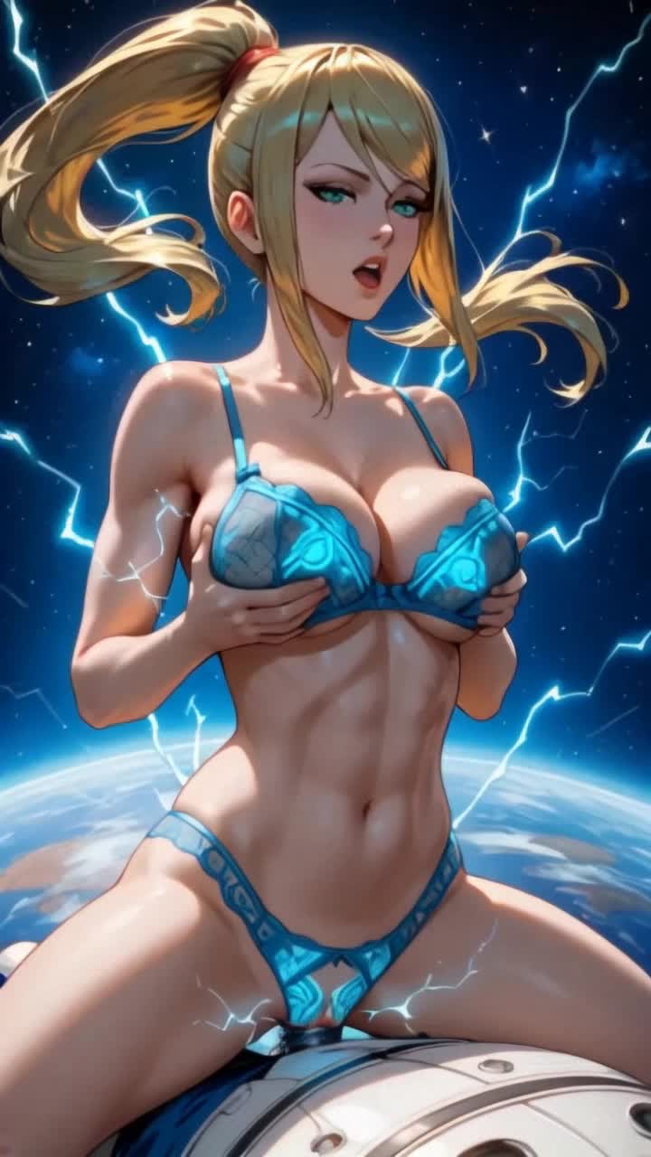 Stunning woman with flowing hair perched atop a sleek satellite Pulses of electricity dance around her body as she jolts and twitches in electrifying rhythm Cosmic backdrop filled with swirling galaxies and sparkling stars illuminating the scene