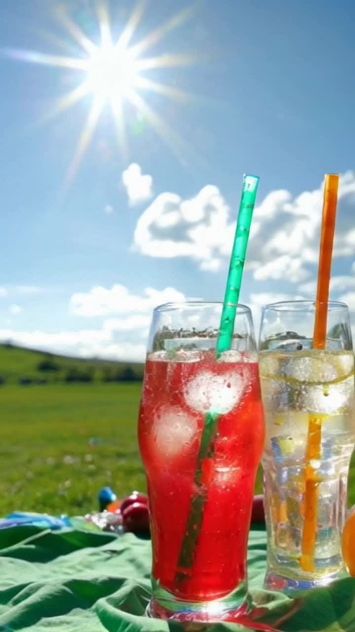 Colorful assortment of fizzy beverages mesmerizing bubbles dancing within shimmering glasses vibrant straws poking out Action is pouring effervescent liquid cascading from bottle into glass Background features cheerful summer picnic setup sun shining bright on lush green grass cheerful laughter floating in the air