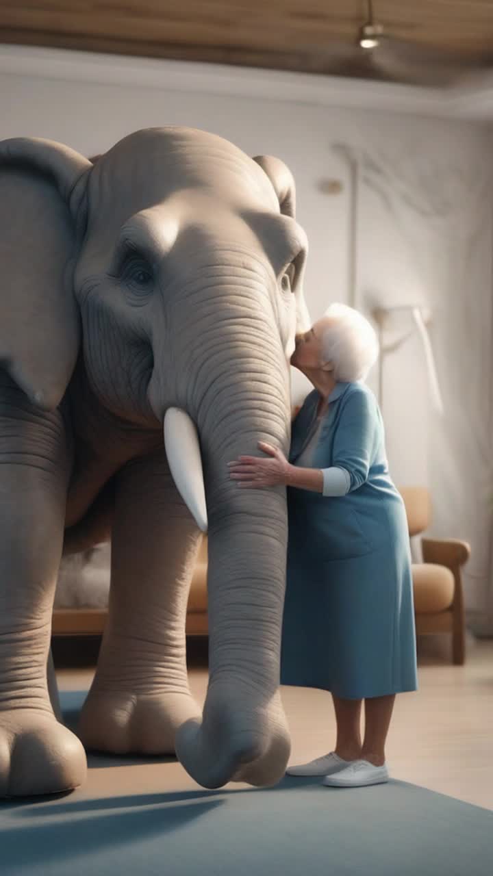 Grandma hugs a gigantic stuffed elephant and gives it a kiss, she is in the nursing home