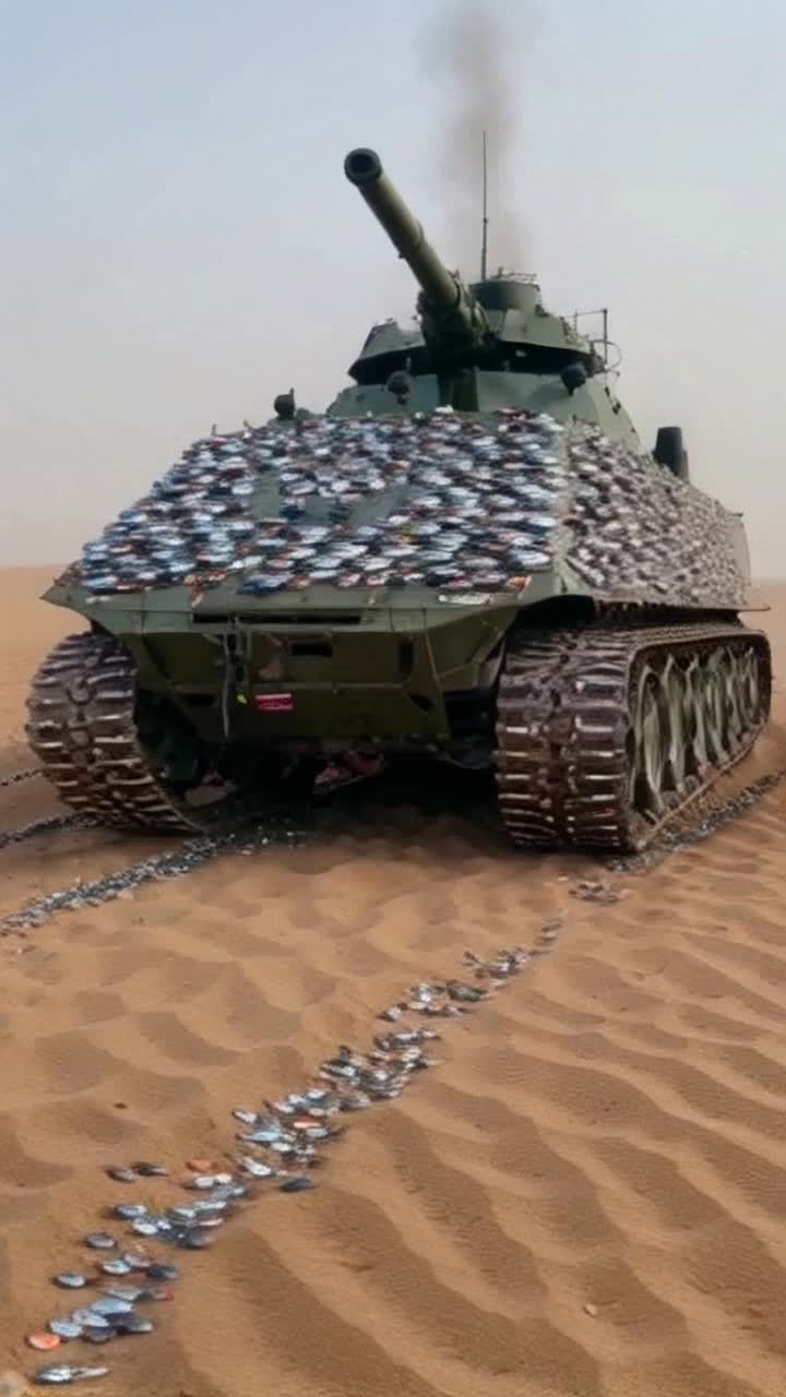 An m1 Abrams battle tank drives across the desert towards a battle Camera zooms in on the tank to reveal it is made of thousands of small fish, fish made of iridescent metal, the tank is driven and operated by several tuna fish in full desert battle gear 