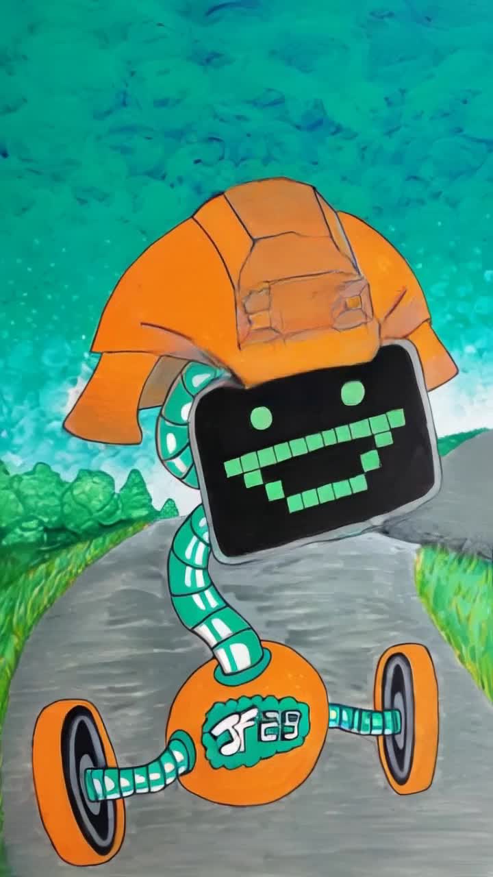Colorful work robot zipping along pavement wheels glinting in sunlight swift movements radiating energy Surrounding vibrant cityscape bustling with pedestrians lively cafes flowerfilled parks shimmering skyscrapers reaching towards sky