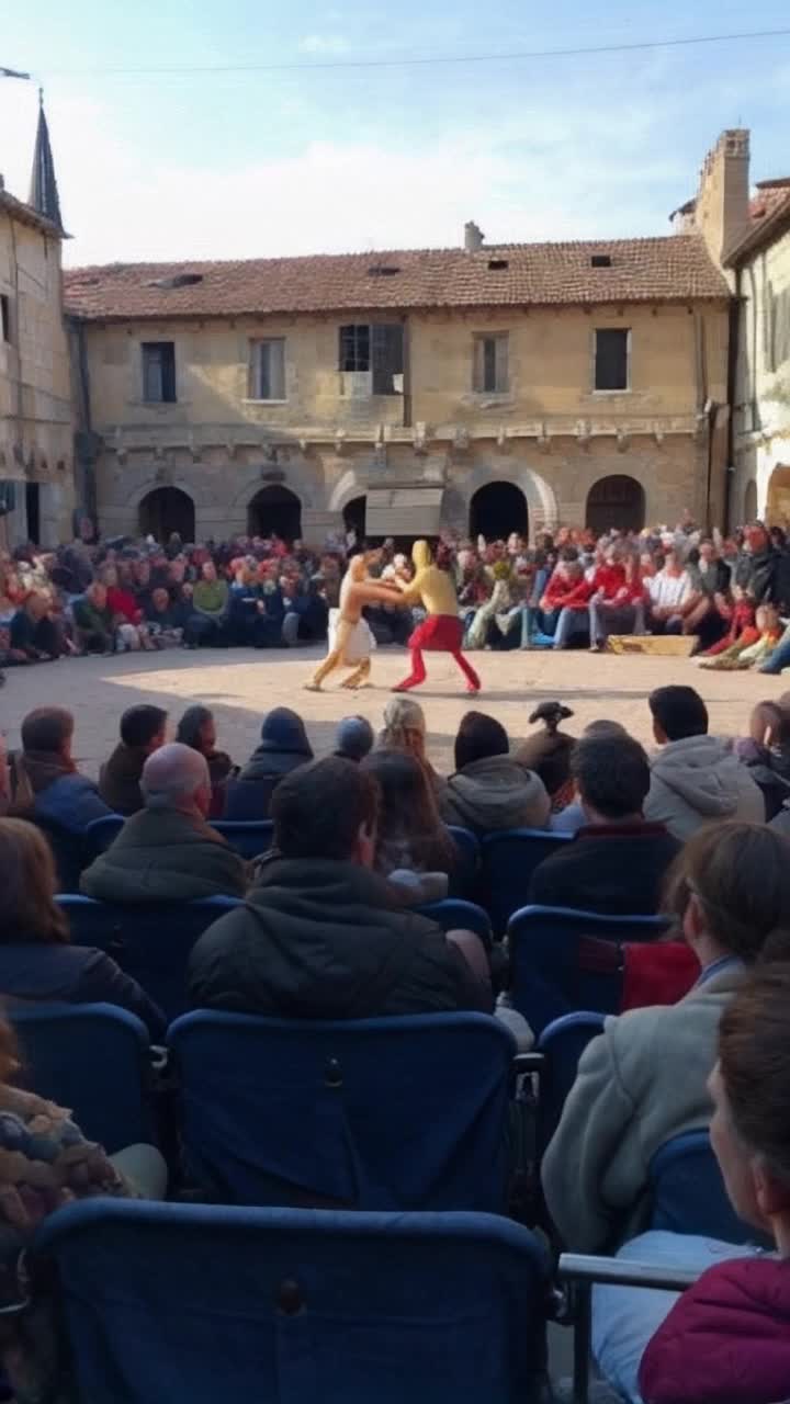 Greek gods puppet show like Punch and Judy, with a small theatre in a town square and all the gods are fighting, puppets being tossed everywhere and the  medieval crowd and children laugh