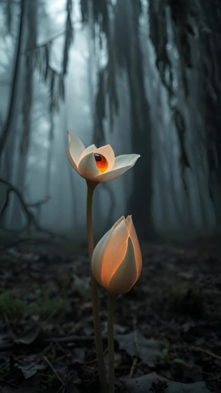 Translucent glowing eye blossom, time lapse blooming flowers 