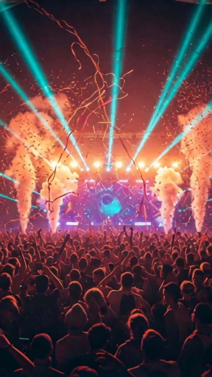 Thousands of people are packed together, creating a sea of bodies in various states of movement  dancing, with arms raised, and jumping to the rhythm The scene is dominated by intense, dynamic lighting brilliant beams of light, often in neon hues, cut through the hazy air, forming intricate patterns above the crowd Spotlights in vivid colors like green, blue, purple, and white illuminate the artificial fog or smoke billowing from the stage, adding depth and atmosphers suggesting a moment of peak excitement The overall impression is one of chaotic yet joyful energy, a collective experience fueled by the pulsating music, dazzling visuals