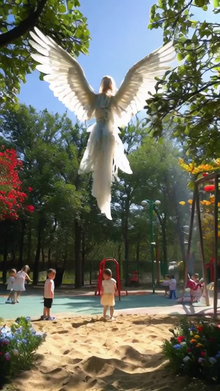 Radiant angel with flowing white wings hovering gracefully above playground filled with joyful children running laughing Meanwhile vibrant flowers bloom in shades of red yellow and blue surrounding tall lush green trees Soft sunlight filters through branches casting playful shadows on ground Cheerful birds flit about singing sweet melodies enhancing enchanting atmosphere Youngsters build sandcastles swing high in the air and chase each other amidst echoes of happiness creating a whimsical scene filled with joy and innocence