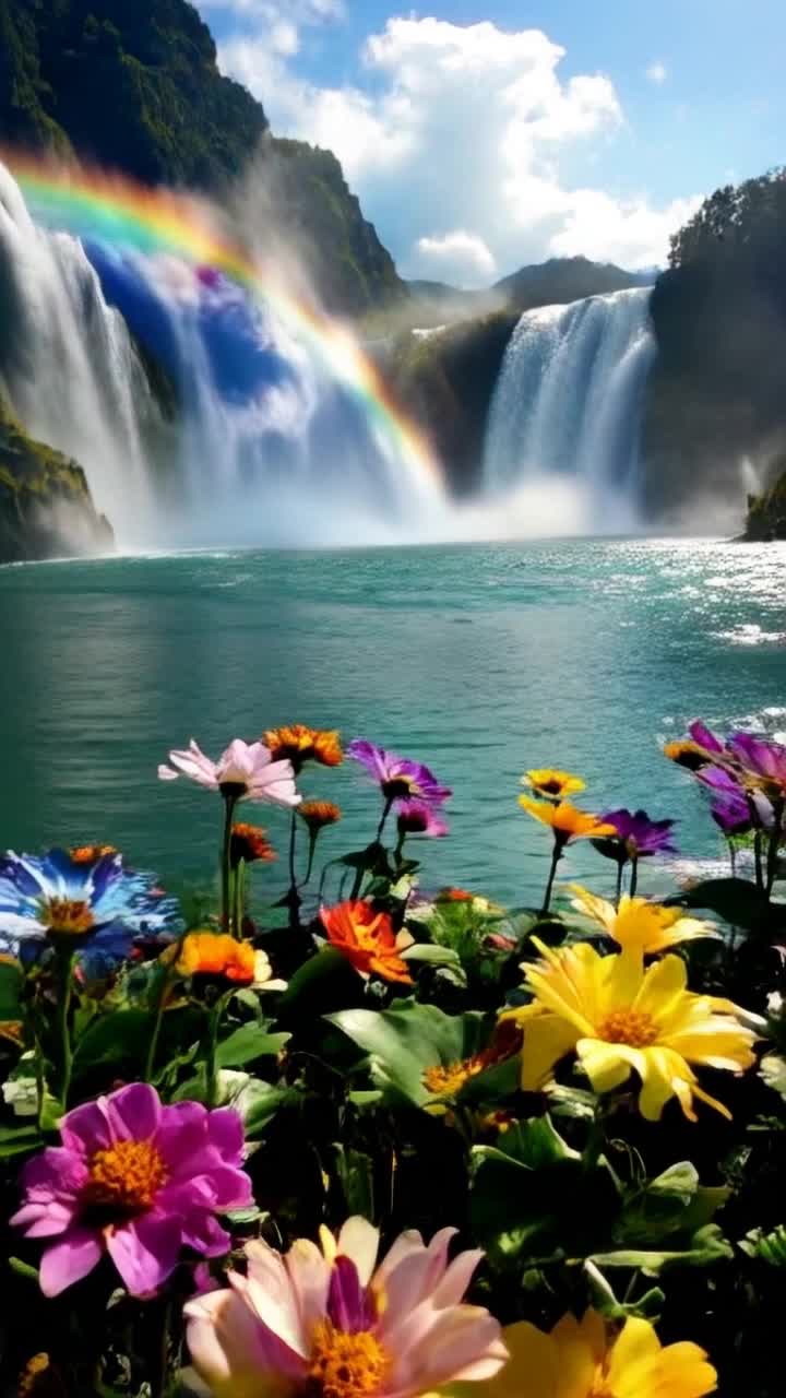 Lush exotic flowers in a riot of colors sway gracefully by a shimmering lake Two magnificent rainbows arc dramatically from a thunderous waterfall Their radiant hues create a surreal atmosphere Sunlight sparkles in playful glints across the water reflecting vibrant petals and cascading colors A gentle breeze whispers through the blossoms as they dance in harmony with the scene Magic fills the air as natures brilliance unfolds in a breathtaking tableau of wonder