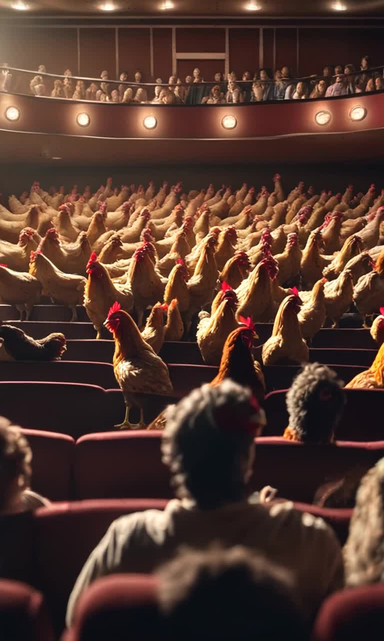 A movie theater full of people are watching a screen that is showing a giant chicken pecking the camera 