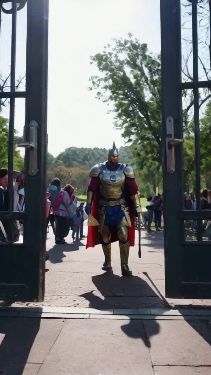 Mighty Thor with his iconic hammer Mjlnir slung over his shoulder strides confidently through vibrant school gates surrounded by buzzing students in colorful backpacks sunlight gleaming off his shiny armor sparks of magic dancing around him as he steps onto the asphalt playground tall trees swaying gently in the breeze enchanted creatures peeking curiously from behind them the sound of laughter and chatter fills the air as Thor prepares to tackle a day of adventure learning about the human world community collaborating with new friends