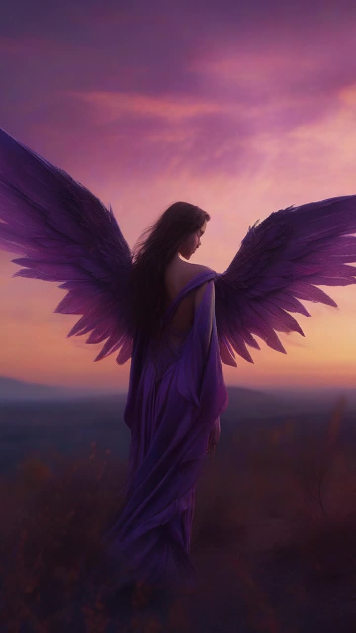 Seraphim a striking figure with shimmering wings and a man with rugged features standing close their eyes locked in a bittersweet farewell emotion heavy in the air as she steps back a single tear glistening on her cheek time seeming to slow around them pulse of sorrow enveloping the scene a twilight sky painted with deep purples and soft pinks surrounding them whispers of lost love echoing in the fading light