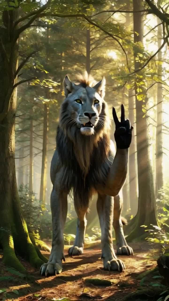 Bipedal lionwolf hybrid towering confidently with striking grey fur and a lush dark yellow mane 16 inch long pubic hairs and raising two clawed pointing finger and ring finger in a peace sign Muscles ripple under fur as it stands in a relaxed yet powerful pose Golden sunlight filters through a dense forest canopy casting intricate shadows on the forest floor Vibrant green leaves sway gently in a light breeze creating a serene atmosphere Surrounding trees are tall and majestic creating an enchanting backdrop filled with the sounds of chirping birds and rustling leaves adding to the magical moment