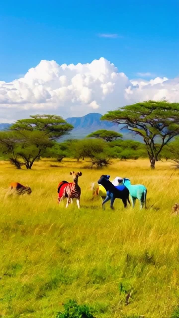 Colorful oversized animal plushies frolicking joyfully through a sundrenched savannah vibrant expressions on their soft faces sparkling in the sunlight bouncing energetically across the golden grasslands surrounded by lush green acacia trees and distant mountains painting a breathtaking horizon a gentle breeze swaying tall grass creating a whimsical dance under a brilliant blue sky filled with fluffy white clouds playful sounds of nature echoing only enhancing the enchantment of this fuzzy wonderland