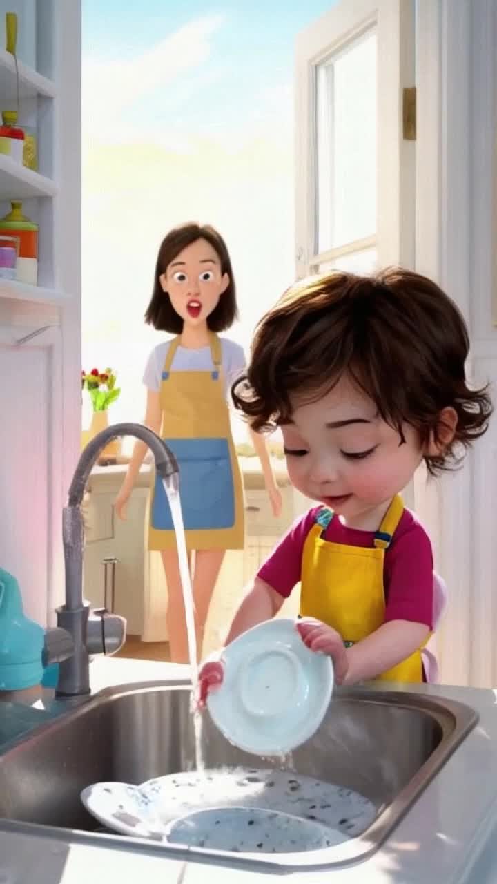 Vibrant cartoon child with tousled hair wearing a colorful apron scrubbing dishes with enthusiasm frantic movement drops a soapy plate shattering into slippery pieces shocked mother with wide eyes gasping at the doorway bright kitchen filled with whimsical utensils cheerful sunlight streaming through window casting playful shadows on tiled floor