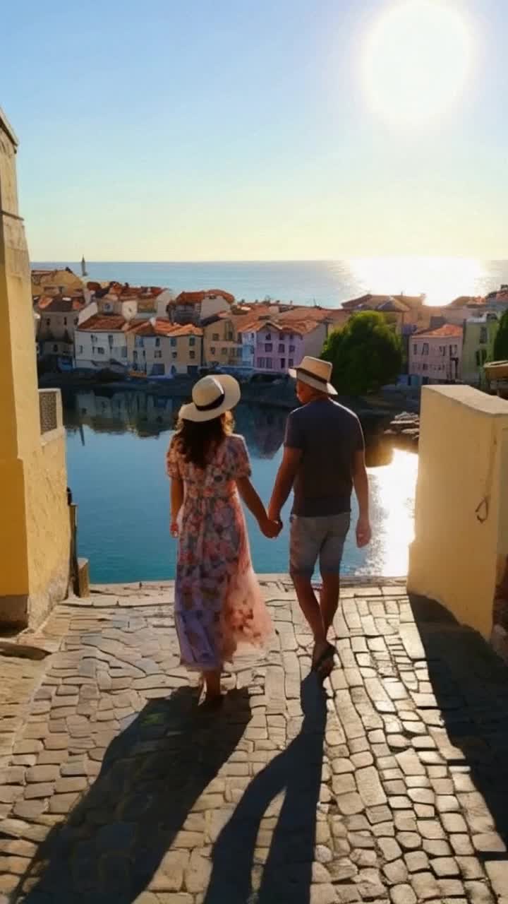 Vibrant couple intertwined hand in hand wearing a flowing summer dress adorned with floral patterns widebrimmed straw hat basking in an idyllic Italian summer day with bright laughter Action gracefully strolling along cobblestone streets meandering past charming pastelcolored houses that reflect shimmering sunlight on serene blue waters Background picturesque coastal city alive with lush green trees rugged rocks in distant horizon suns golden rays dancing across the enchanting seascape invoking the essence of impressionist masterpieces